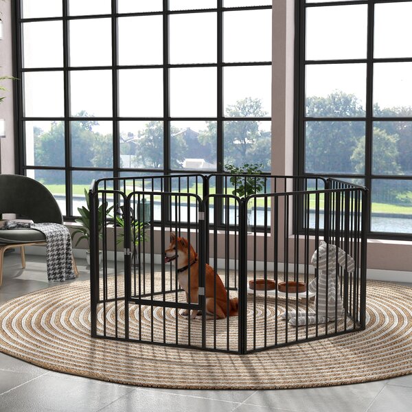 PawHut Recinto per Cani da Interno ed Esterno a 6 Pannelli Modulabili in Acciaio con Porta e Catenaccio di Sicurezza, 164x83x80 cm, Nero | Aosom