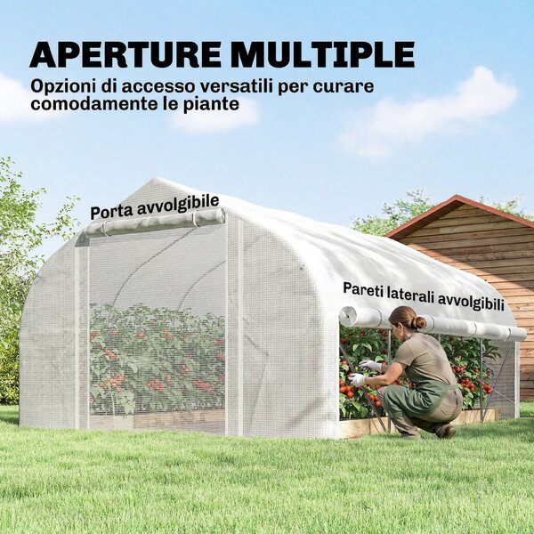 Outsunny Serra per Orto 3.95x3x2m Struttura in Acciaio e Copertura in PE Anti-UV con 8 Finestre, Porta e 2 Pareti Laterali Avvolgibili, Bianco|Aosom