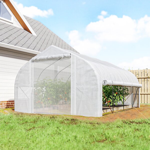 Outsunny Serra per Orto 3.95x3x2m Struttura in Acciaio e Copertura in PE Anti-UV con 8 Finestre, Porta e 2 Pareti Laterali Avvolgibili, Bianco|Aosom