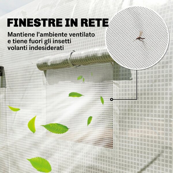 Outsunny Serra per Orto 3.95x3x2m Struttura in Acciaio e Copertura in PE Anti-UV con 8 Finestre, Porta e 2 Pareti Laterali Avvolgibili, Bianco|Aosom