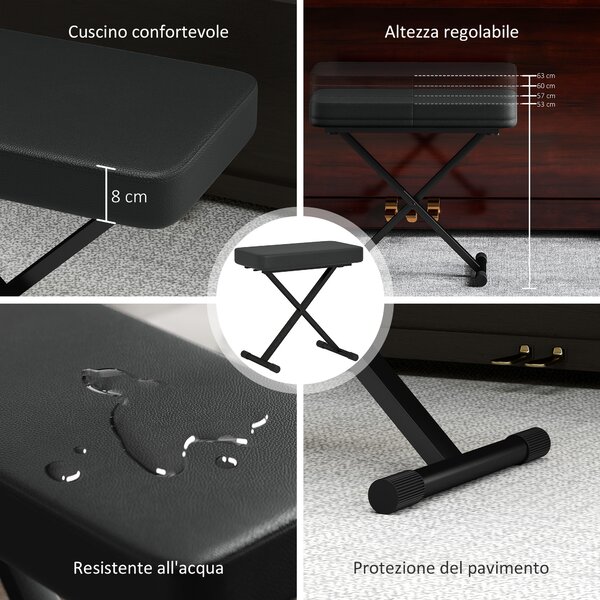 HOMCOM Sgabello per Pianoforte Pieghevole e Regolabile su 4 Altezze, in Pelle PU, Schiuma e Metallo, 60x32x53-63 cm, Nero