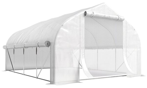 Outsunny Serra per Orto 3.95x3x2m Struttura in Acciaio e Copertura in PE Anti-UV con 8 Finestre, Porta e 2 Pareti Laterali Avvolgibili, Bianco|Aosom
