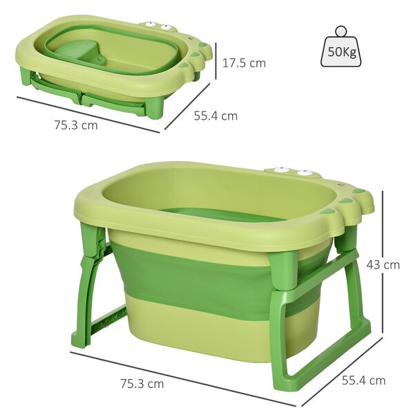 HOMCOM Vaschetta Bagnetto Pieghevole per Neonati e Bambini di 0-6 Anni, in Plastica Antiscivolo, Verde, 75.3x55.4x43cm|Aosom