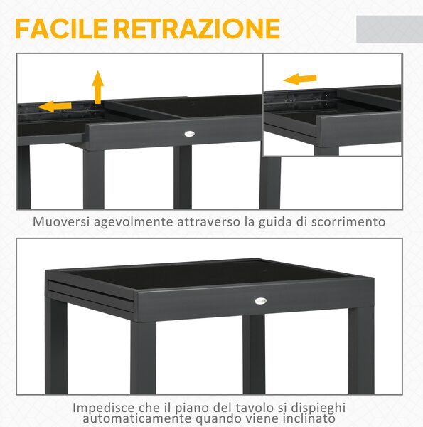 Outsunny Tavolo da Pranzo Allungabile da Giardino con Piano in Vetro e Alluminio, 80-160x80x75 cm, Nero