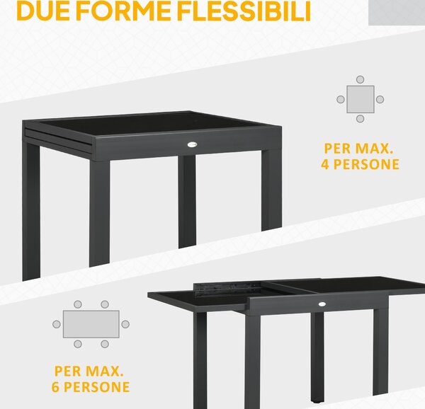 Outsunny Tavolo da Pranzo Allungabile da Giardino con Piano in Vetro e Alluminio, 80-160x80x75 cm, Nero