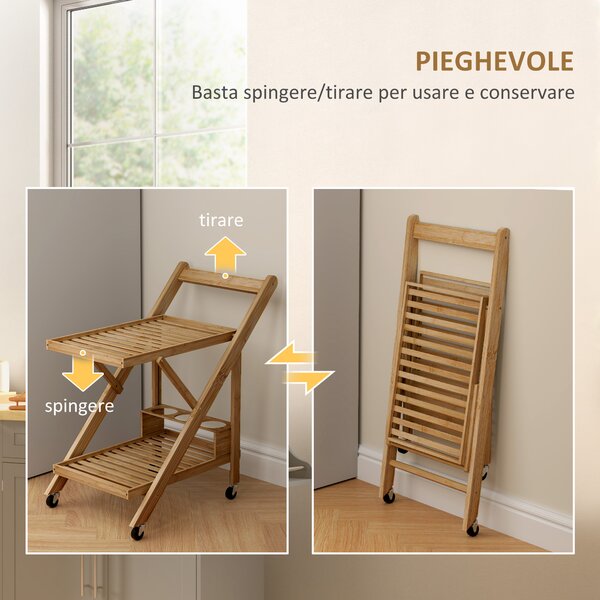 HOMCOM Carrello da Cucina Portavivande Pieghevole a 2 Livelli con Portabottiglie in Legno di Bambù