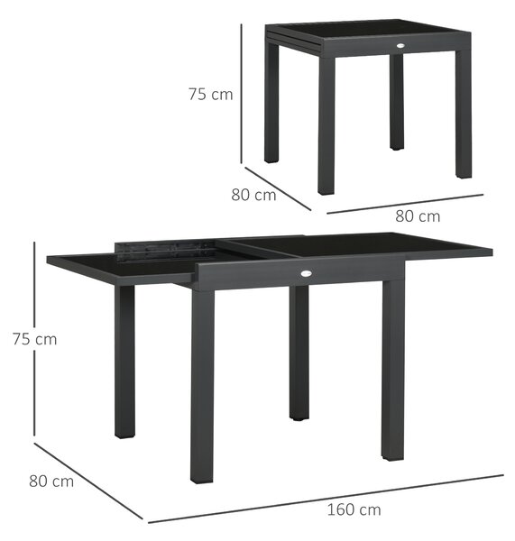 Outsunny Tavolo da Pranzo Allungabile da Giardino con Piano in Vetro e Alluminio, 80-160x80x75 cm, Nero