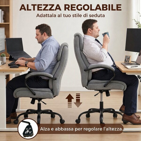Vinsetto Sedia Ufficio Ergonomica in Tessuto Effetto Lino, Portata 220kg, Girevole, Altezza Regolabile, Grigio Chiaro | Aosom Italy