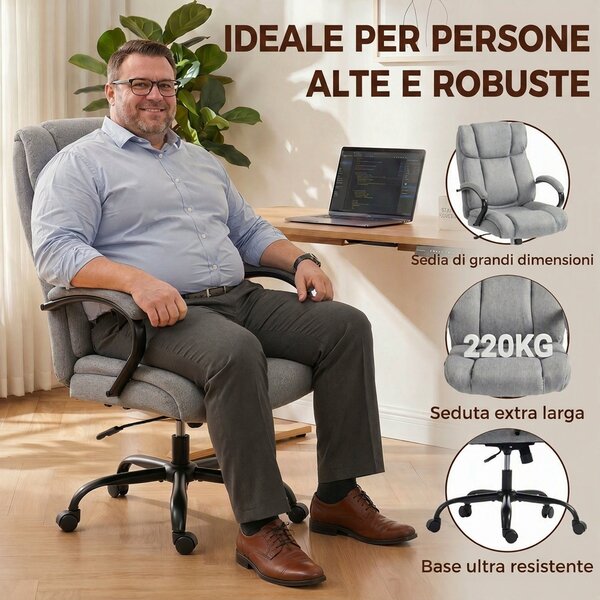 Vinsetto Sedia Ufficio Ergonomica in Tessuto Effetto Lino, Portata 220kg, Girevole, Altezza Regolabile, Grigio Chiaro | Aosom Italy