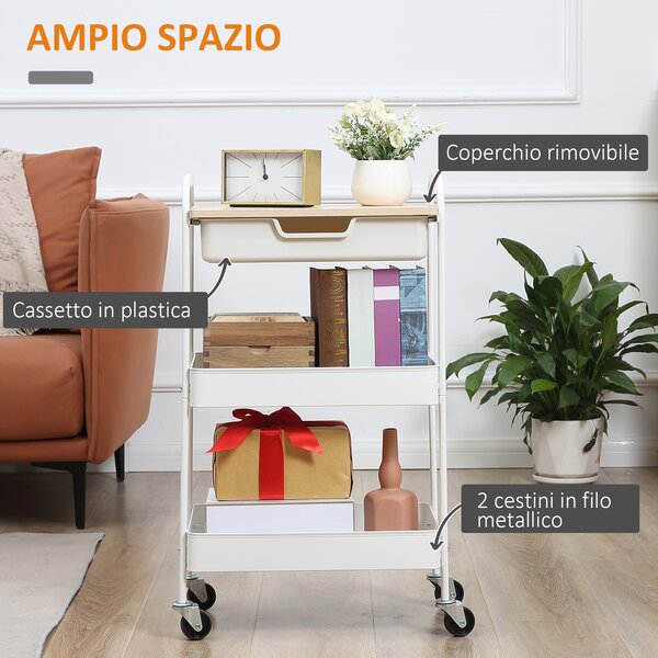 HOMCOM Carrello Cucina Multiuso con Ruote Girevoli, 2 Cesti, Cassetto e Piano in Legno, Bianco | Aosom Italy