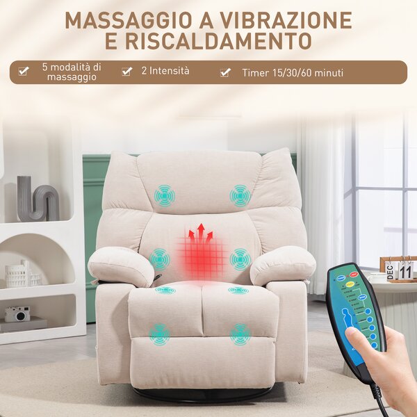 HOMCOM Poltrona Reclinabile con Poggiapiedi, Massaggio e Riscaldamento con 5 Programmi e 8 Punti Vibranti, Beige | Aosom Italy