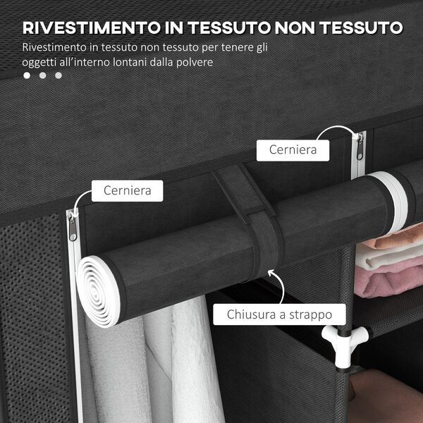 HOMCOM Armadio in Tessuto Salvaspazio, Guardaroba Pieghevole con Ripiani e Cassetti, Ante Avvolgibili con Zip, 125x43x162.5cm, Nero | Aosom Italy