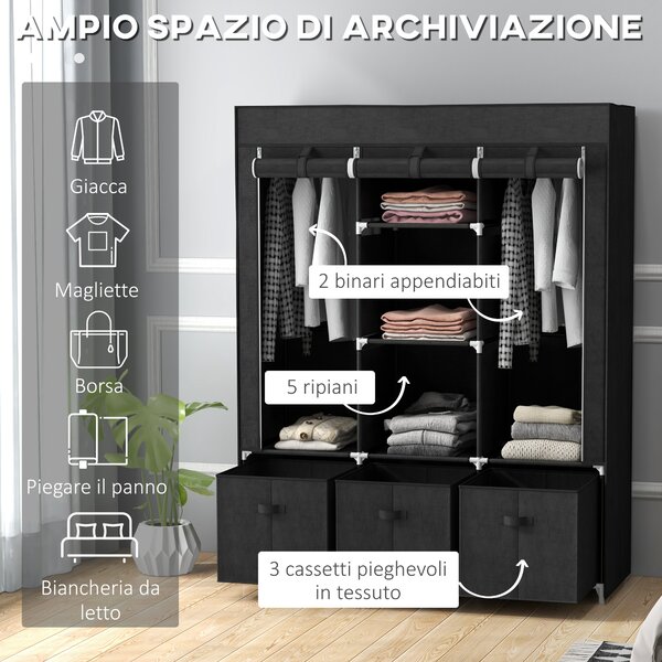HOMCOM Armadio in Tessuto Salvaspazio, Guardaroba Pieghevole con Ripiani e Cassetti, Ante Avvolgibili con Zip, 125x43x162.5cm, Nero | Aosom Italy