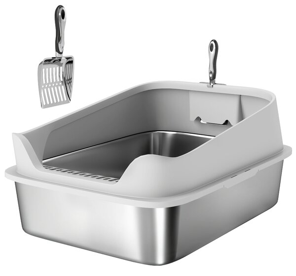 Lettiera per Gatti XXL 69,8x50,3x29,8 cm con Paletta Lati Alti Antiperdita Antiodore Fino a 12 kg in Acciaio Inox Grigio