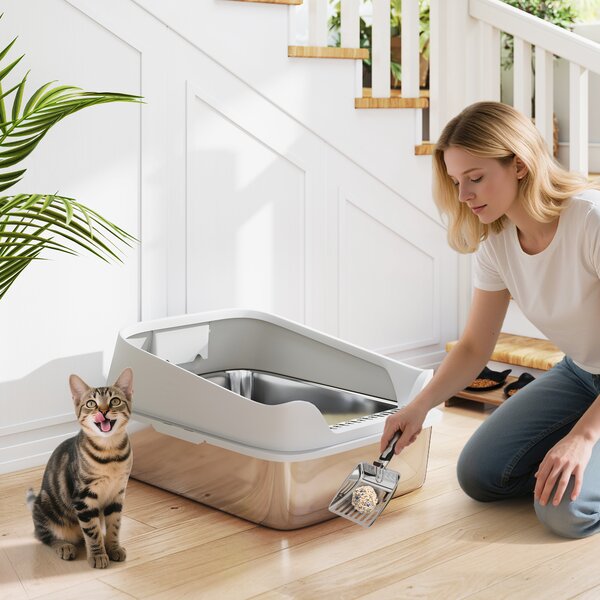 Lettiera per Gatti XXL 69,8x50,3x29,8 cm con Paletta Lati Alti Antiperdita Antiodore Fino a 12 kg in Acciaio Inox Grigio