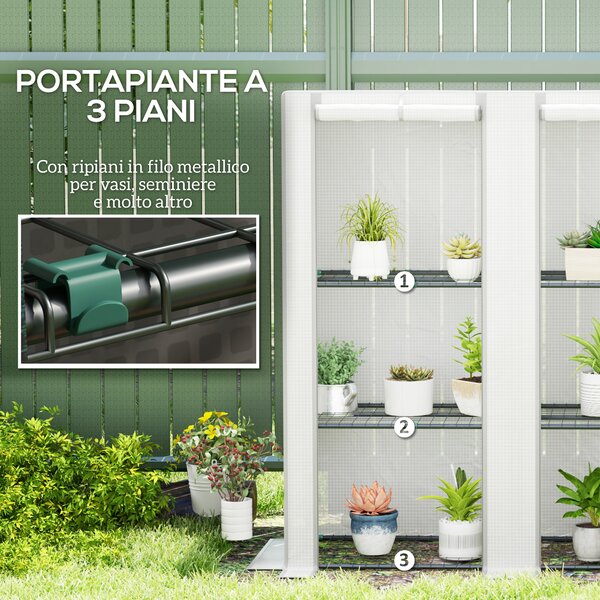 Outsunny Serra da Giardino con 2 Porte Avvolgibili, Scaffale a 3 Ripiani e Tasche Laterali, Bianco e Grigio | Aosom Italy