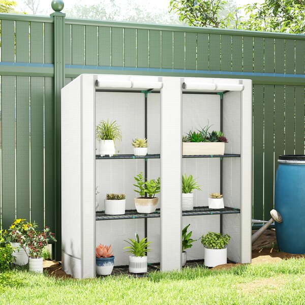 Outsunny Serra da Giardino con 2 Porte Avvolgibili, Scaffale a 3 Ripiani e Tasche Laterali, Bianco e Grigio | Aosom Italy