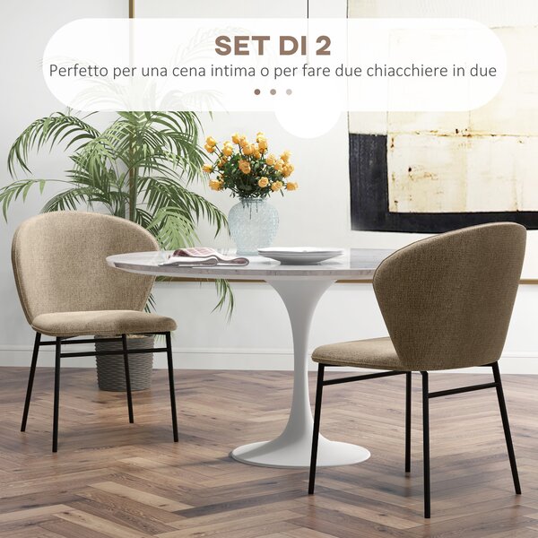 HOMCOM Set 2 Sedie Sala da Pranzo in Acciaio e Tessuto Effetto Lino, Seduta Imbottita, Schienale Curvo, Marrone Chiaro | Aosom Italy