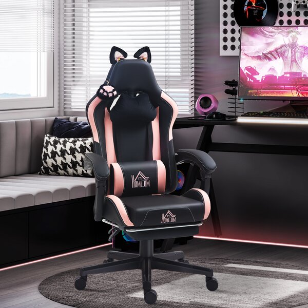 HOMCOM Sedia da Gaming Reclinabile con Poggiapiedi e Cuscini, in Finta Pelle e Spugna, 65x62x116-124 cm, Rosa e Nero | Aosom Italy