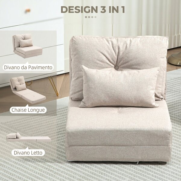 HOMCOM Divano Letto Futon Pieghevole 3 in 1 con 2 Cuscini Lavabile, Reclinabile 5 Posizioni in Lino, Beige | Aosom Italy