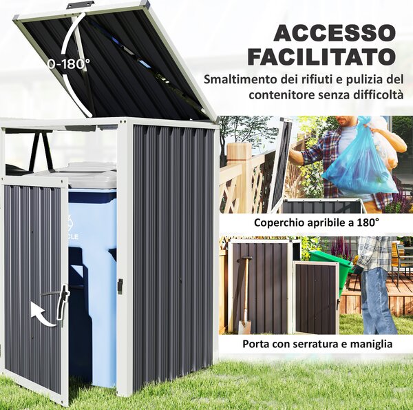 Outsunny Copri Bidoni Spazzatura a 2 Sezioni con Coperchio Sollevabile, in Acciaio Zincato, 146x81x122 cm, Grigio Scuro | Aosom Italy