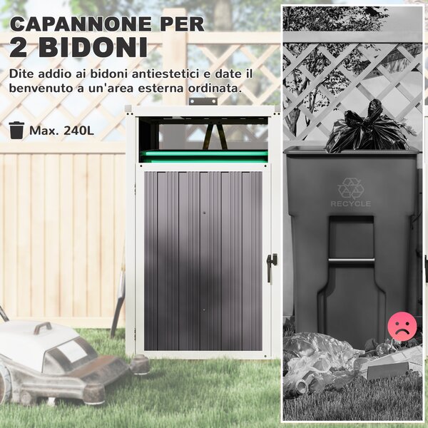 Outsunny Copri Bidoni Spazzatura a 2 Sezioni con Coperchio Sollevabile, in Acciaio Zincato, 146x81x122 cm, Grigio Scuro | Aosom Italy