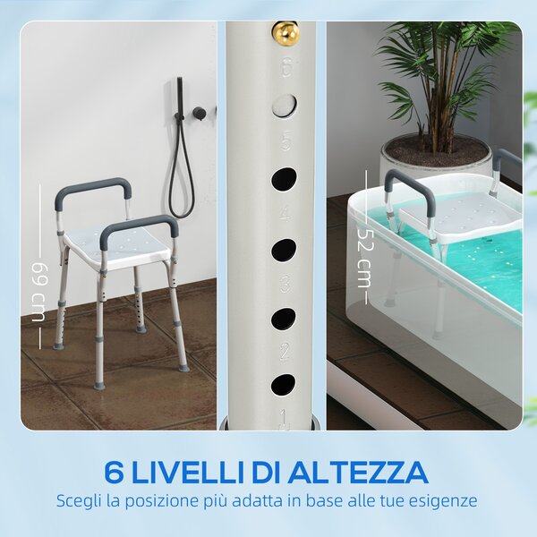 HOMCOM Sgabello per Doccia Regolabile con Braccioli e Fori di Drenaggio, in Alluminio, HDPE e EVA, 52x45x57-69 cm | Aosom Italy