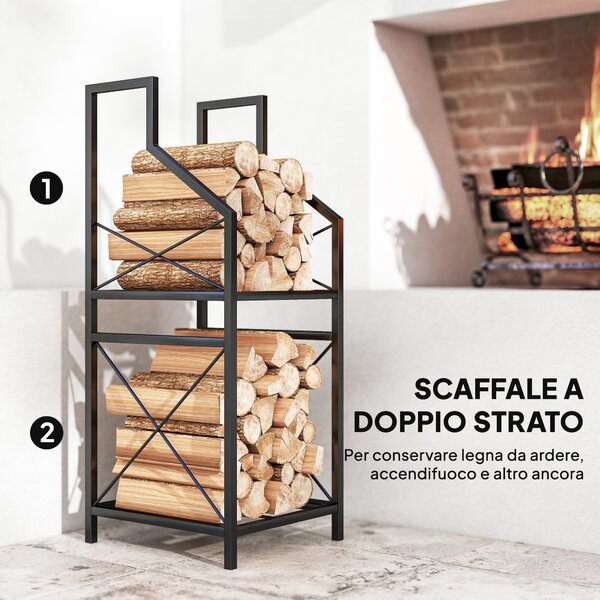 Outsunny Portalegna a 2 Livelli in Metallo con Base Rialzata, 34x30x80 cm, Nero | Aosom Italy