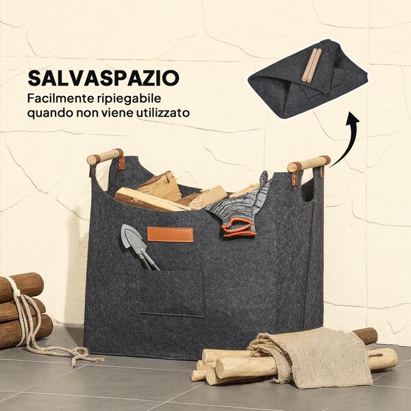 Outsunny Borsa in Feltro Portalegna da Interno con Manici in Legno, Capacità 15 kg, 45x32x40 cm, Grigio | Aosom Italy
