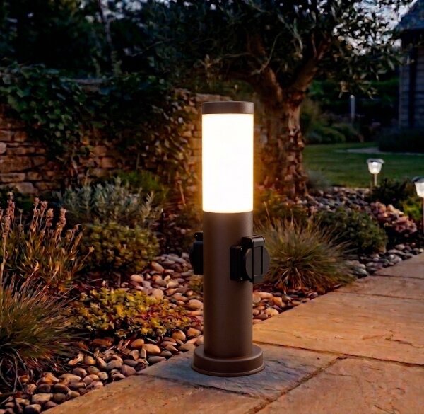 Brilagi - Lampada da esterno con 2 prese SCHUKO NOVA, portalampada 1x E27 (15W, 230V), 40 cm, IP44, marrone