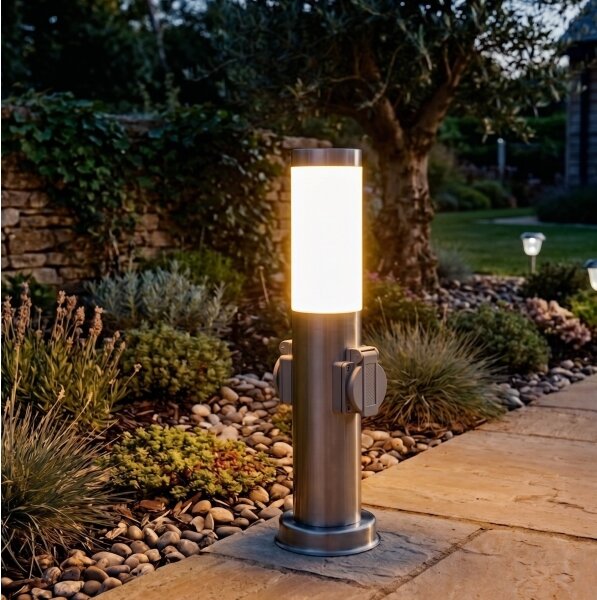 Brilagi - Lampada da esterno con 2 prese SCHUKO NOVA 1xE27/15W/230V 40 cm IP44 cromata