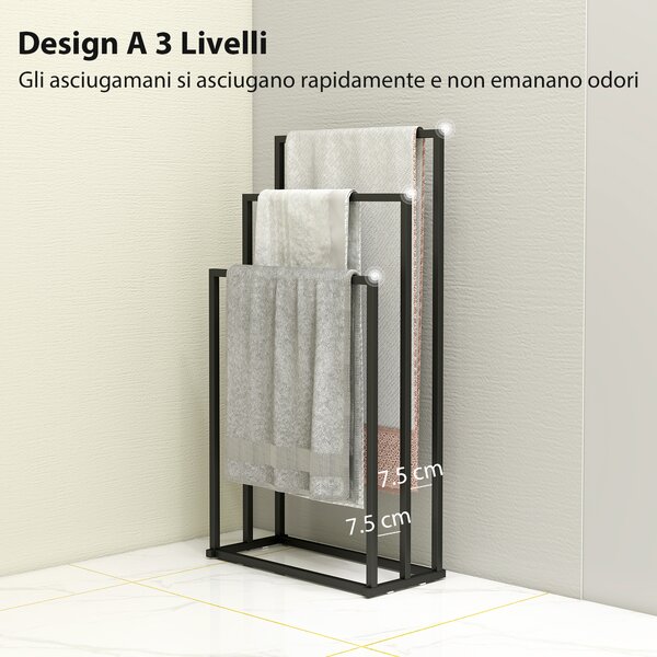 HOMCOM Portasciugamani da Terra a 3 Bracci Autoportante in Acciaio, 45x21.5x85 cm | Aosom Italy