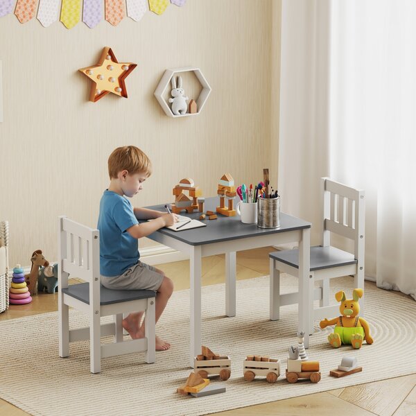 AIYAPLAY Set Tavolo e Sedie per Bambini da 3-8 Anni 3 pz in Legno con Bordi Arrotondati, Grigio e Bianco | Aosom Italy