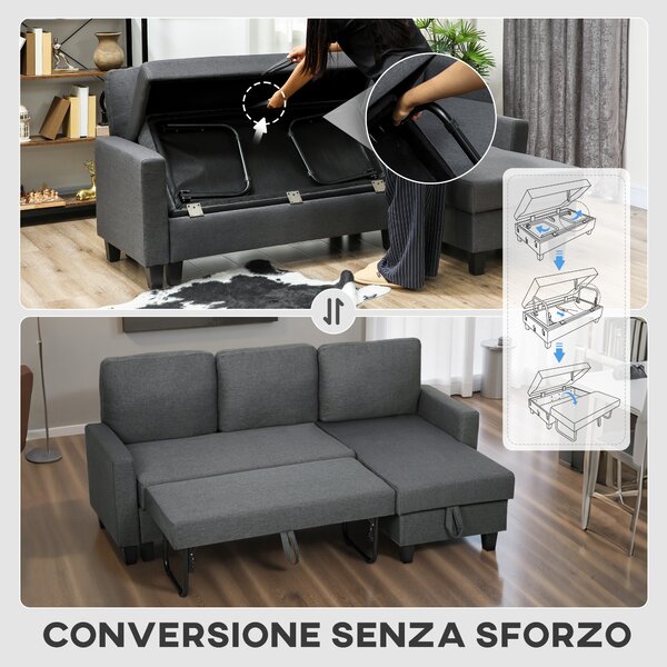 HOMCOM Divano Letto 3 Posti con Chaise e Spazio Contenitore, in Tessuto Effetto Lino, 197x129x85 cm, Grigio Carbone | Aosom Italy