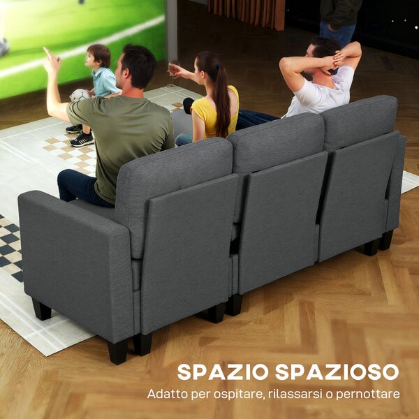 HOMCOM Divano Letto 3 Posti con Chaise e Spazio Contenitore, in Tessuto Effetto Lino, 197x129x85 cm, Grigio Carbone | Aosom Italy
