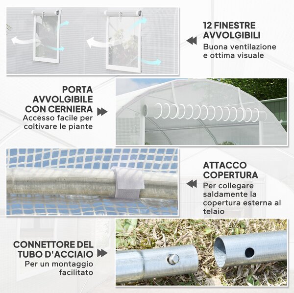Outsunny Serra a Tunnel 8x3x2 m con Rivestimento in Plastica e Acciaio Rinforzato, Bianco | Aosom Italy