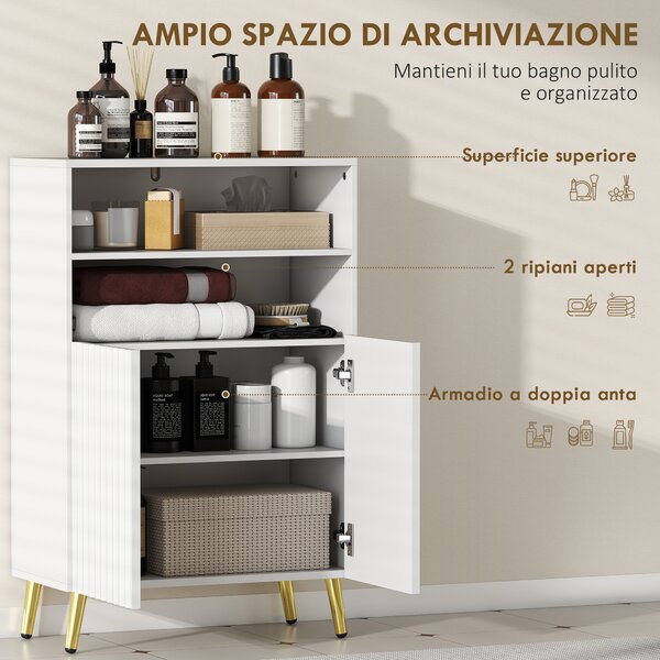 HOMCOM Mobiletto Bagno Moderno con 2 Ripiani Aperti e Armadietto con Ante Ammortizzate, 60x31.8x93 cm, Bianco | Aosom Italy