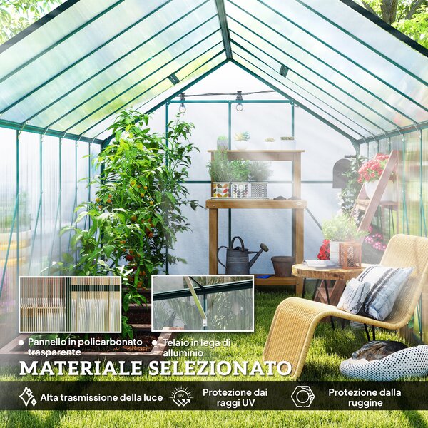 Outsunny Serra da Giardino con Porta scorrevole e Finestre regolabili a 5 livelli, in Metallo e Alluminio, 244x500x216cm, Verde | Aosom Italy