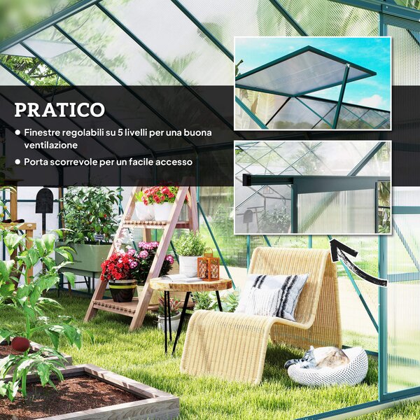 Outsunny Serra da Giardino con Porta scorrevole e Finestre regolabili a 5 livelli, in Metallo e Alluminio, 244x500x216cm, Verde | Aosom Italy