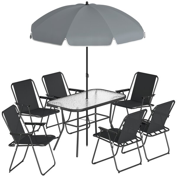 Outsunny Set da Giardino 8 pz con Ombrellone, 6 Sedie Pieghevoli e Tavolo da Esterno in Vetro Temperato, Nero | Aosom Italy