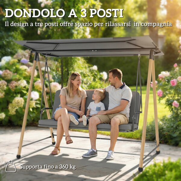 Outsunny Altalena da Giardino a 3 Posti, con Tettoia Regolabile Idrorepellente e Cuscino Removibile, Carico Massimo 360 kg, 208 x 125 x 180 cm, Grigio | Aosom Italy