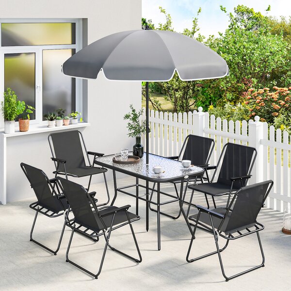Outsunny Set da Giardino 8 pz con Ombrellone, 6 Sedie Pieghevoli e Tavolo da Esterno in Vetro Temperato, Nero | Aosom Italy