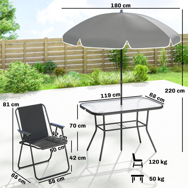 Outsunny Set da Giardino 8 pz con Ombrellone, 6 Sedie Pieghevoli e Tavolo da Esterno in Vetro Temperato, Nero | Aosom Italy