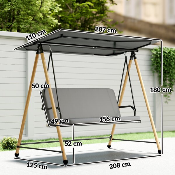 Outsunny Altalena da Giardino a 3 Posti, con Tettoia Regolabile Idrorepellente e Cuscino Removibile, Carico Massimo 360 kg, 208 x 125 x 180 cm, Grigio | Aosom Italy