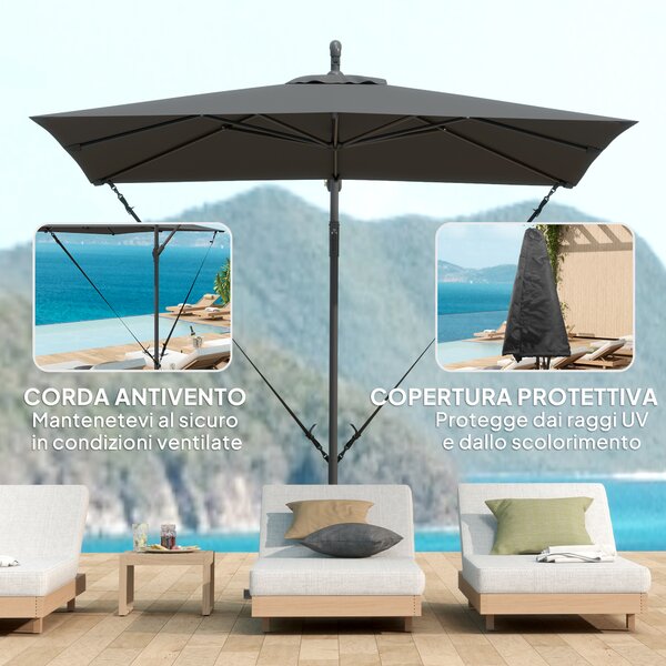 Outsunny Ombrellone a Sbalzo Regolabile con Base a Croce e Manovella, in Acciaio e Poliestere, 247x247x256, Grigio Scuro | Aosom Italy