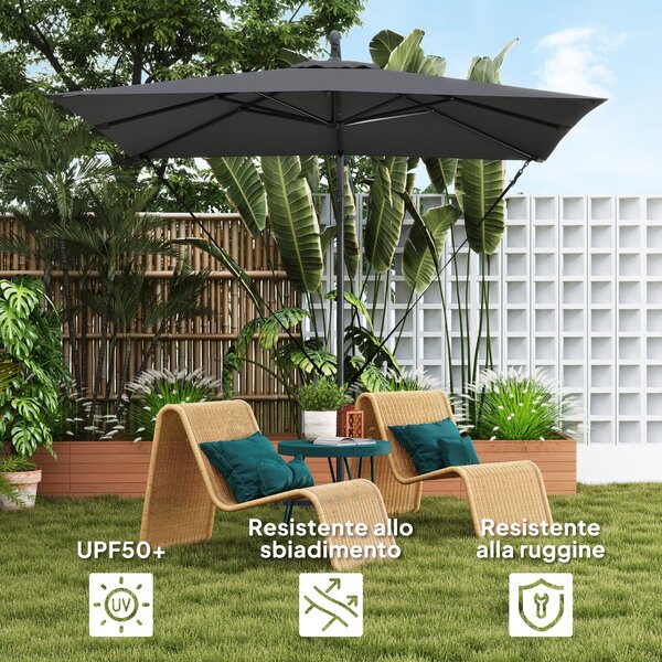 Outsunny Ombrellone a Sbalzo Regolabile con Base a Croce e Manovella, in Acciaio e Poliestere, 247x247x256, Grigio Scuro | Aosom Italy