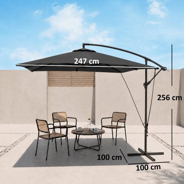 Outsunny Ombrellone a Sbalzo Regolabile con Base a Croce e Manovella, in Acciaio e Poliestere, 247x247x256, Grigio Scuro | Aosom Italy