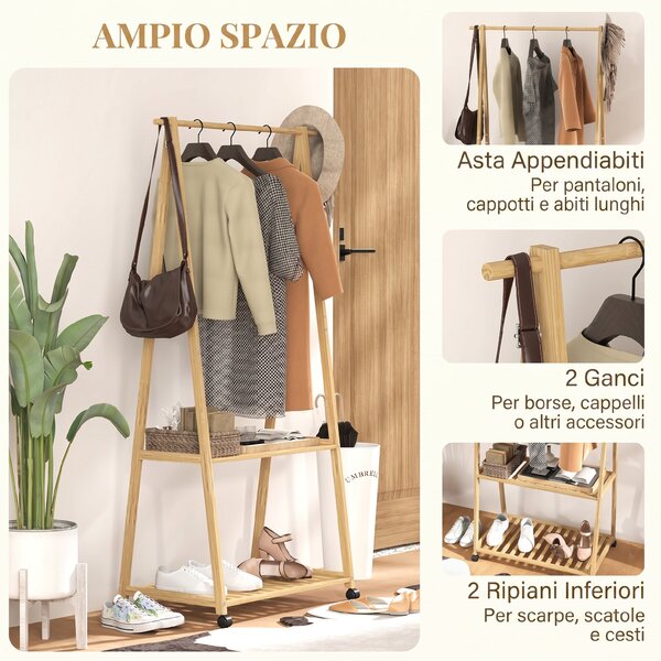 HOMCOM Appendiabiti in Bambù con Ripiano per Scarpe, 2 Ganci, Appendiabiti Mobile per Ingresso, Soggiorno, Naturale | Aosom Italy