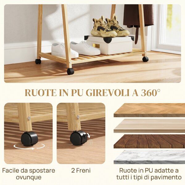 HOMCOM Appendiabiti in Bambù con Ripiano per Scarpe, 2 Ganci, Appendiabiti Mobile per Ingresso, Soggiorno, Naturale | Aosom Italy