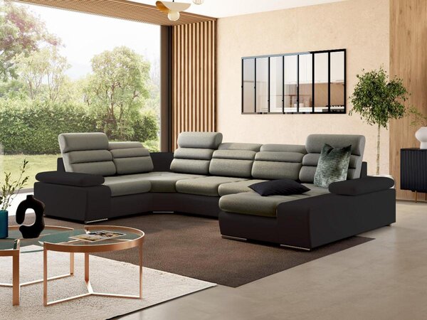 Divano letto angolare panoramico in tessuto e similpelle Bicolore beige e marrone - Angolo a destra - BOILEAU